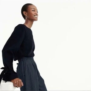 J Crew XS Black Tie Sleeve Cotton Pullover Sweatshirt Flared Sleeve Round Neck